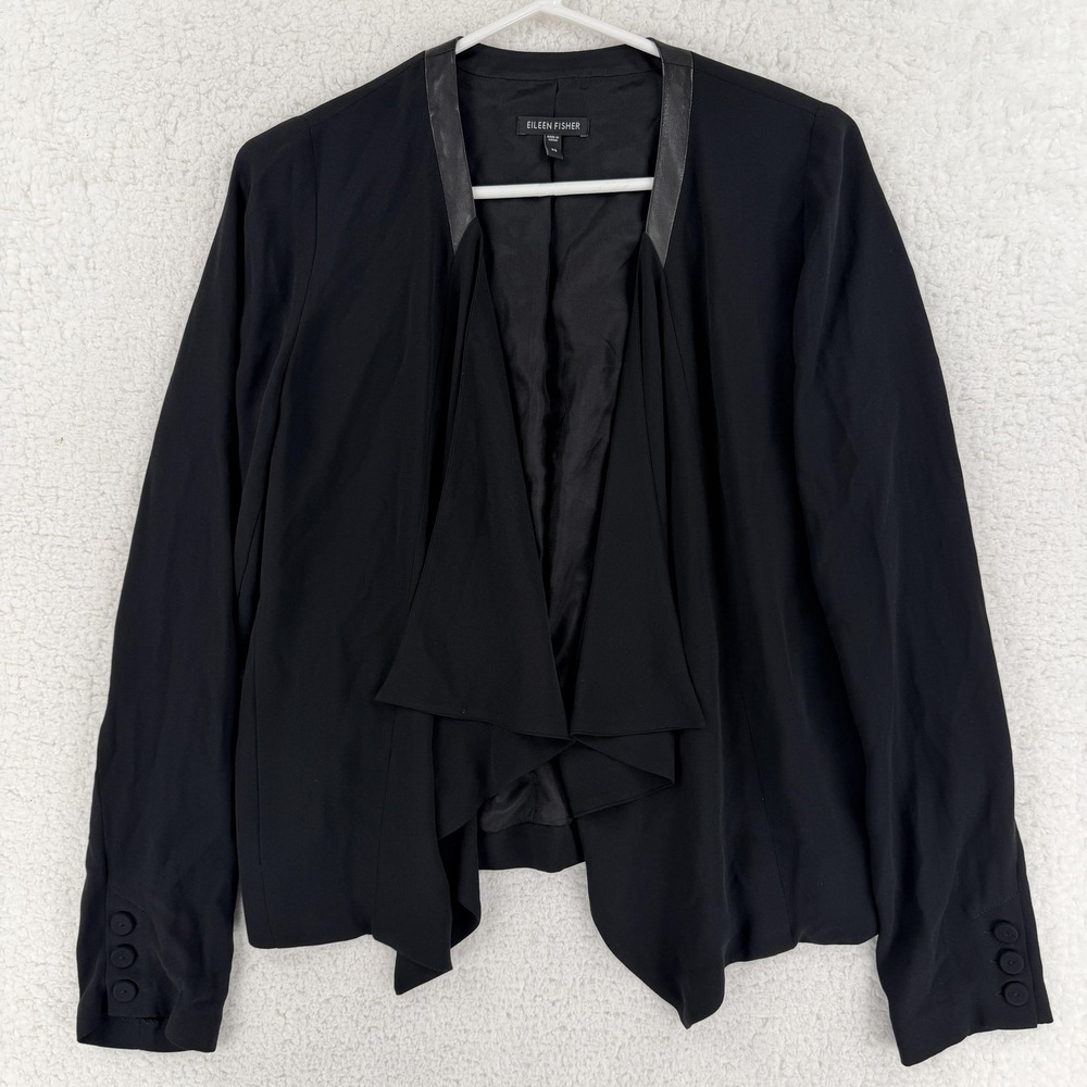Eileen Fisher Jacket Womens XS Black Silk Open Front Leather Trim‎ Draped Hem